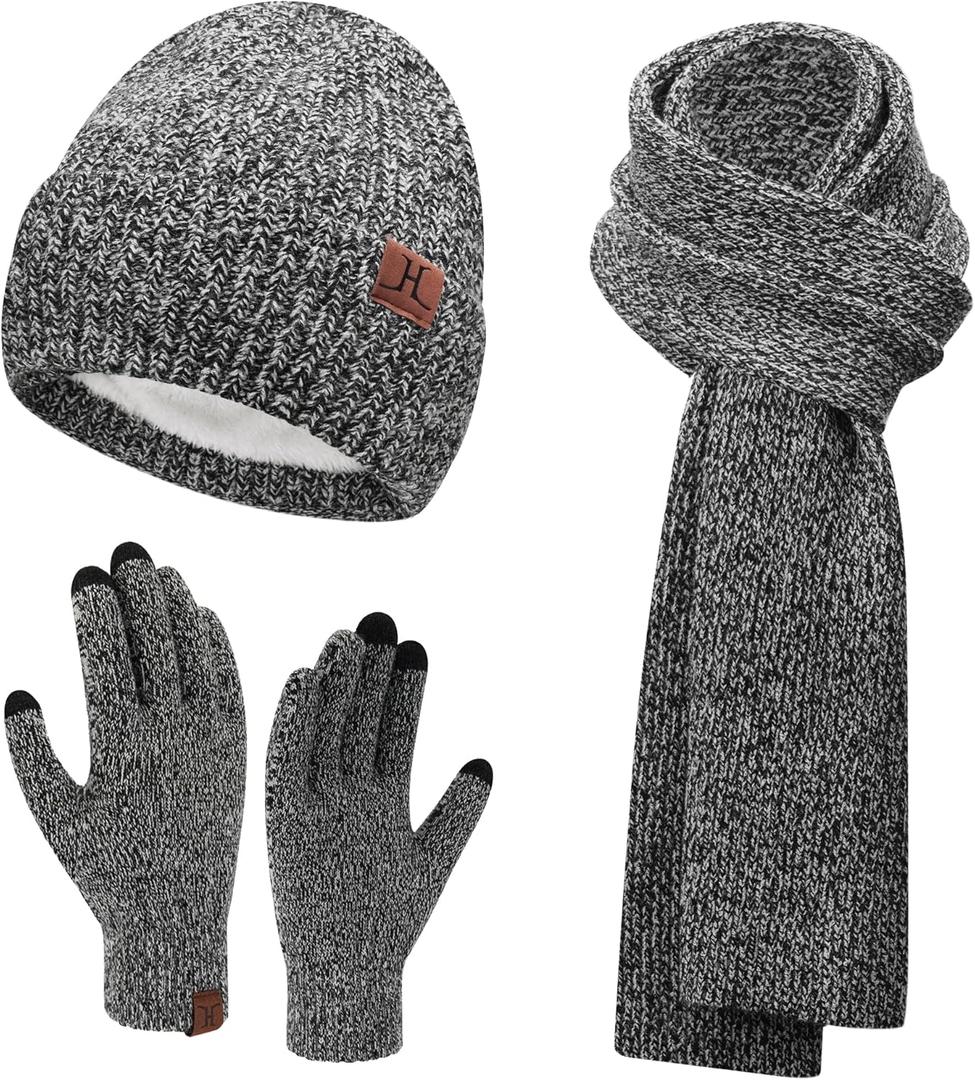ZASFOU Womens Winter Knit Beanie Hats Touchscreen Gloves Long Scarf Set Warm Skull Caps with Fleece Gifts for Women (Gray)