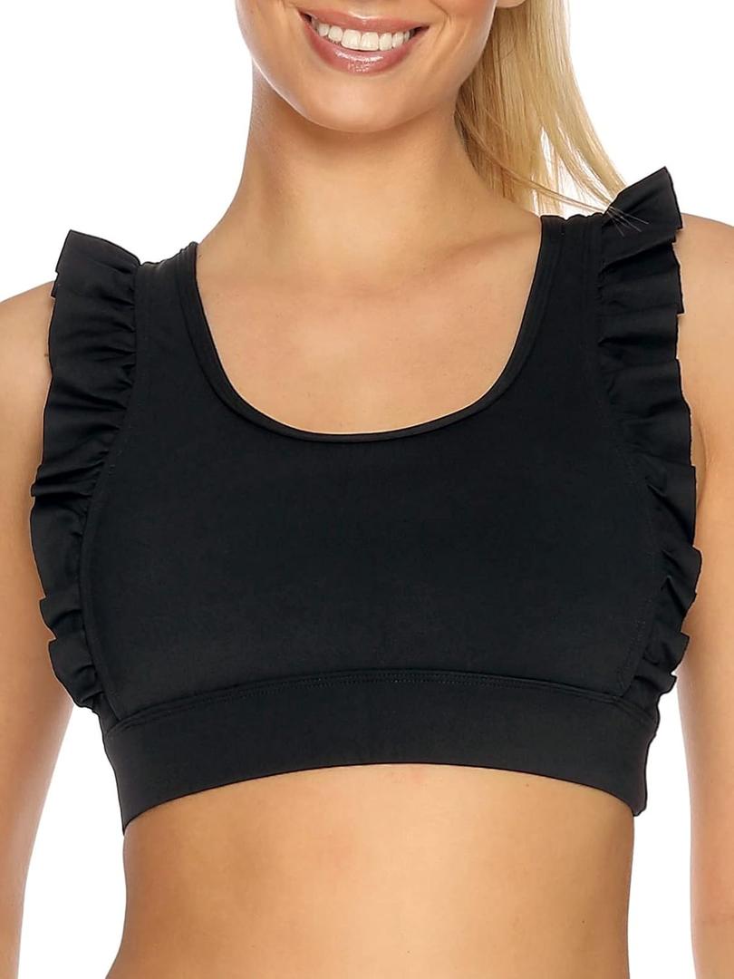 RELLECIGA Women's Ruffle Scoop Neckline Sports Bra Fitness Support Workout Bra Yoga Bra Tops (Medium, Black)
