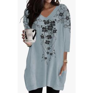 Poetsky Womens Tunic Tops for Leggings with Pockets Vneck 3/4 Length Sleeve Shirt Casual Long T-Shirts 2XL White