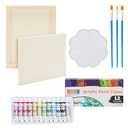 18-Piece 8 x 10-Inch Wooden Canvas Painting Set, 2 Natural Wood Panel Paint Boards with 12 Acrylic Paint Tubes, 3 Brushes, and 1 Plastic Palette for Crafting and Art Supplies
