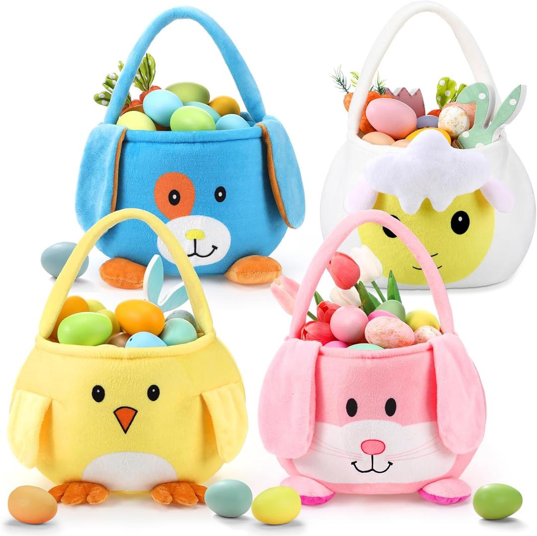 Set of 4pcs, Dia 11.02" * H 11.8", Chick&Bunny&Sheep Easter Basket Cute Easter Hunting Basket for Easter Gifts Decorations