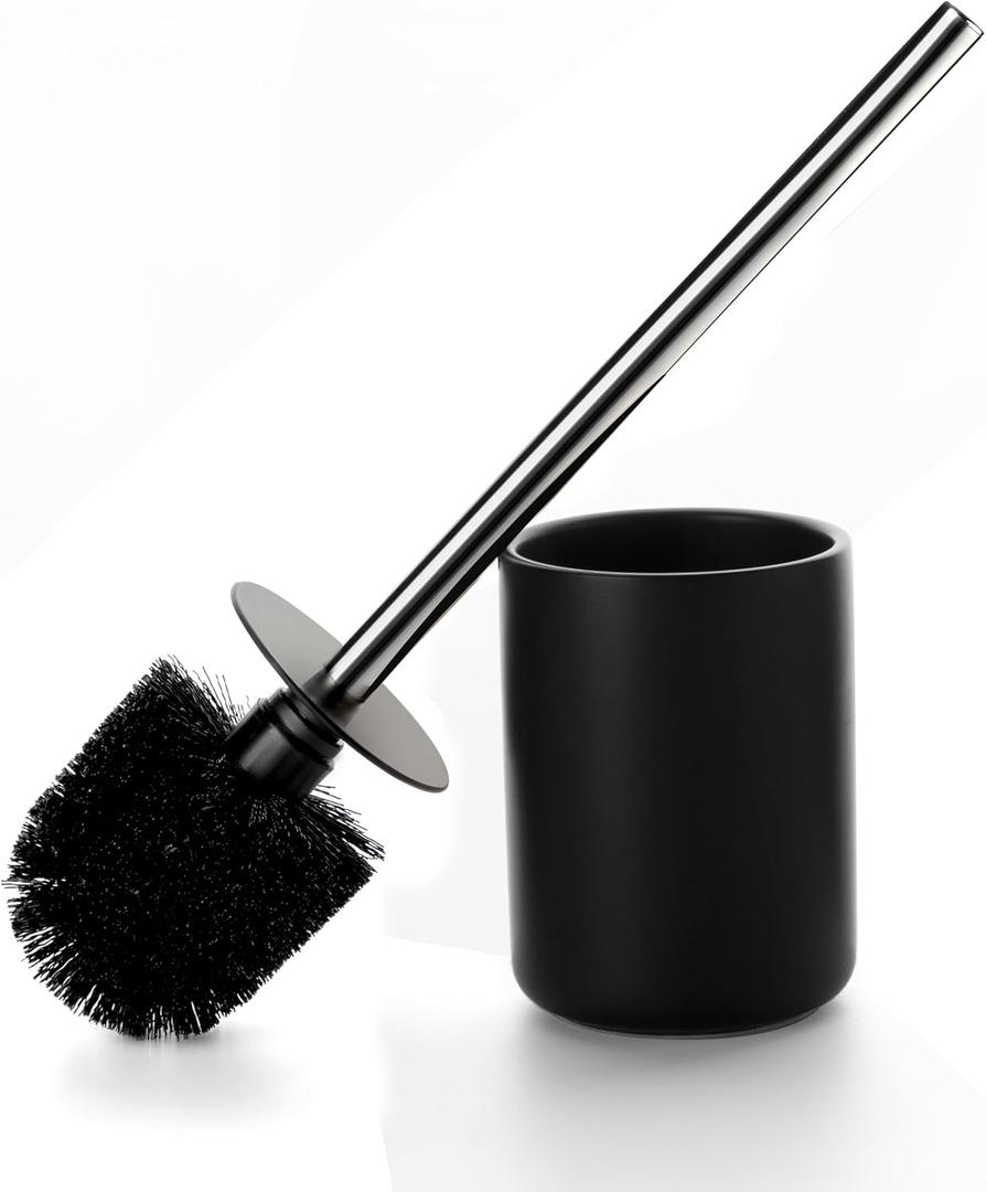 Ceramic Toilet Brush & Holder Set - Freestanding Deep-Cleaning Toilet Bowl Cleaner Brush, Stainless Steel Handle, Small & Sturdy for Storage, Easy to Clean, Non-Scratching (Matt Black)