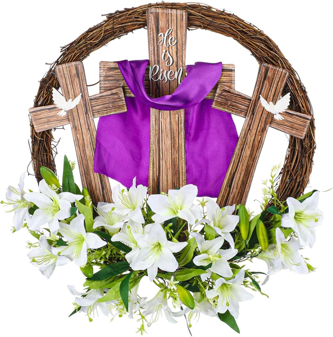 Easter Wreath Cross Door Sign Decorations He is Risen Wooden Wreath Hanging Sign Easter Christian Floral Door Decor 16.54 Inch for Home Wall Spring Party Favor Supplies Gift(Fresh)