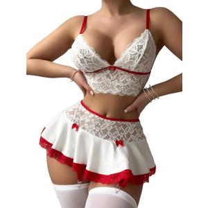 Women's 3 Piece Lingerie Set Floral Lace Bow Garter Babydoll Lingerie Skirt Set (Medium, Red and White)