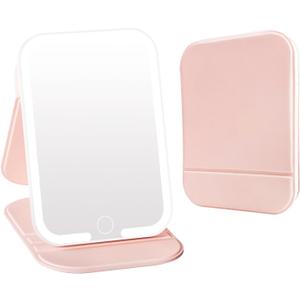 2 x Rechargeable Travel Mirror with Light, LED Makeup Mirror with Lights, Portable Vanity Mirror with 3 Color Lighting, Touch Dimmable Lighted Cosmetic Mirror, Travel Essentials for Women (Pink)