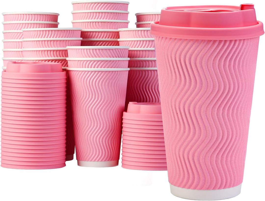 Pink Coffee Cups with Lids 16 oz [50 set] Disposable Double Insulated Paper Cup Hot Cold Drinks Tea Chocolate Large Travel No Leaks To Go Coffee Cup Pink Party Decorations Home Cafes Business Birthday