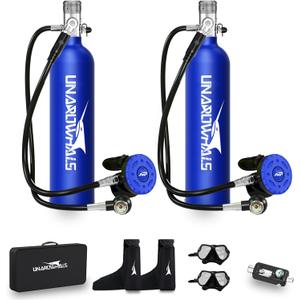 Scuba Tank with Extended Pressure Gauge, DOT/CE-EN250 Certification Lung Tank, 1L Diving Tank, 15-20 Minutes Underwater Exploration with Portable Mini Scuba Tank, 3000 Psi Max Pressure (D010C Blue)