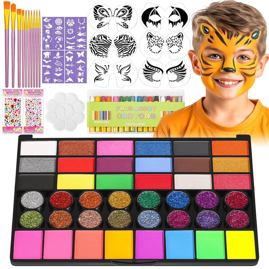 Kids Face Painting Kit - 42 Non-Toxic Colors, 16 Crayons, 6 Reusable & 40 Sticky Stencils for Parties & Halloween