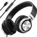 USB C Headphones with Mic and Volume Control, Over Ear Stereo Headsets for iPhone 15 16 Pro, Wired Foldable Headphones for Smartphones Chromebook Laptop Tablets Travel(Black/Gray)