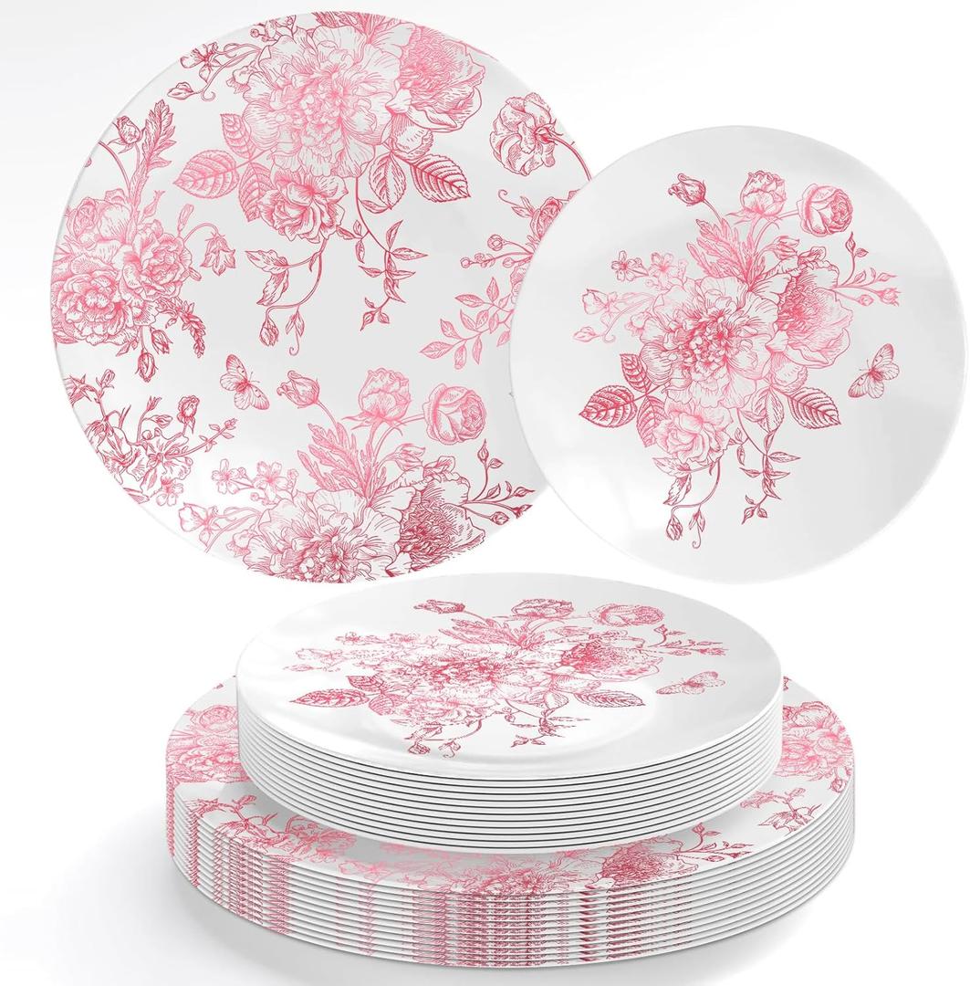 FYSUIMU 40Pcs Pink Floral Plastic Plates Vintage Flower Reusable Plate Chinoiserie Dinner Dessert Plates for Mother's Day Birthday Baby Shower Party Supplies Table Decor