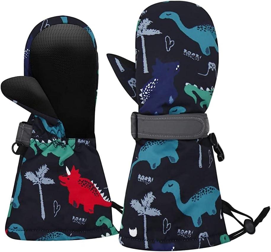 Duoyeree Waterproof Kids Mittens Gloves with Fleece Lined for Boys Girls Winter Snow Skiing Thick Insulated for Cold Weather (S (1-2 Years Old), Black Dinosaur)