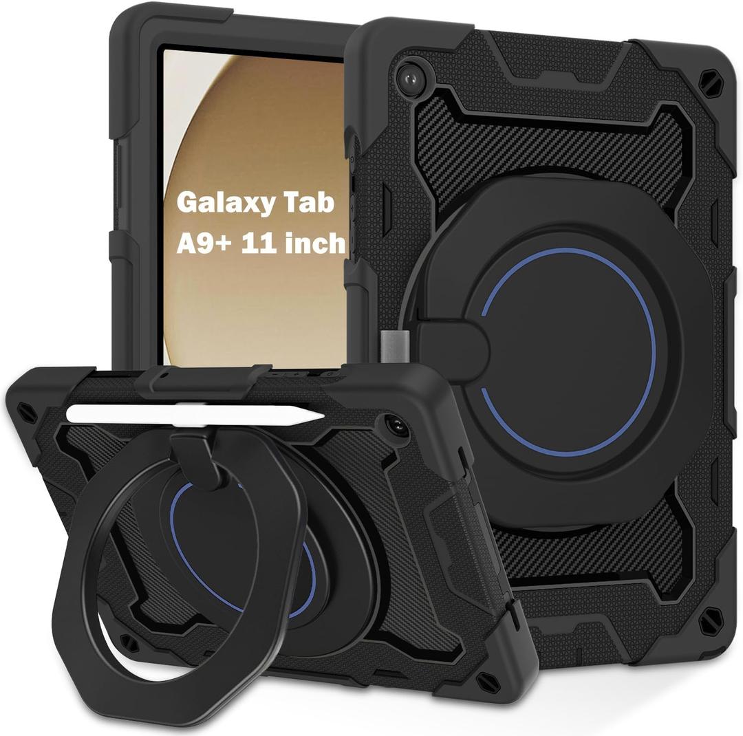 ROISKIN Case for Galaxy Tab A9 Plus 5G/ A9+ 11 Inch with HD Screen Protector & Shoulder Strap,Heavy Duty Military Case for Samsung Galaxy A9 Plus SM-X210/X216/X218 - Rotating Stand for Kids (Black)