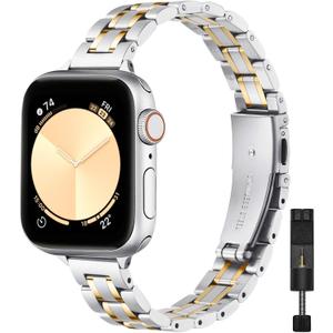 STIROLL Thin Replacement Band Compatible for Apple Watch 49mm 46mm 45mm 44mm 42mm(Series 3 2 1), Stainless Steel Metal Wristband Women Men for iWatch Ultra SE Series 10 9 8 7 6 5 4, Silver Gold