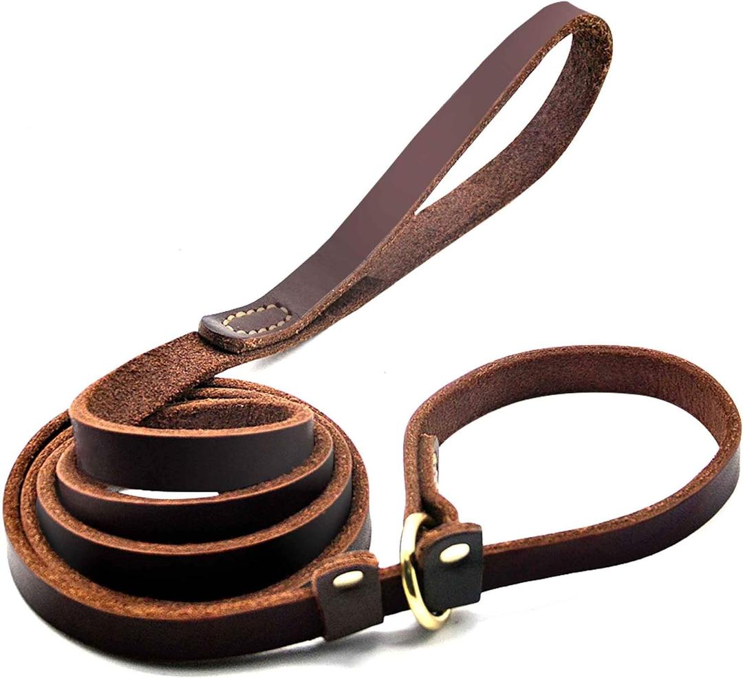Real Leather Slip Lead Dog Leash, Adjustable Stitched Pet Slip Leads with Slider, Heavy Duty Flat Dog Training Leashes for Medium and Large Dogs, 5ft Long by 0.7" Wide, Brown