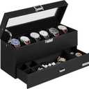 6-Slot Watch Box Organizer for Men, Watch Case with Real Glass Lid, 2 Layers Mens Jewelry box with 1 Drawer for Rings, Bracelets, Leather Watch Display Organizer, Gift Idea, Black