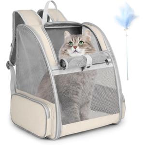 Cat Backpack Carrier, Large Pet Carrier Backpack with Kitten Wand Feather Toy for Medium Small Dog Cat Puppy Kitty Bunny up to 15lbs, Ventilated Mesh Kitten Bookbag for Travel Walking Outdoor (Beige)