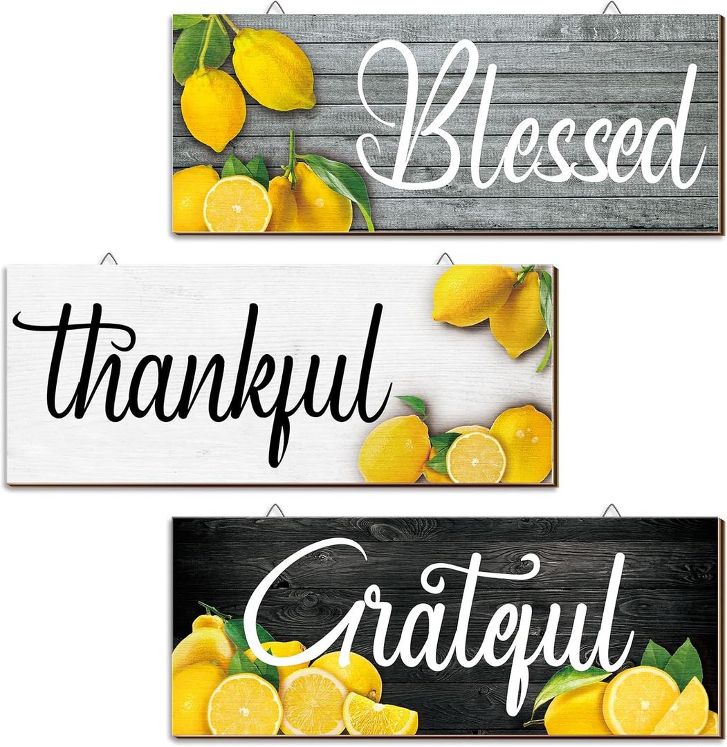 Amyhill 3 Pieces Lemon Wall Decor Grateful Thankful Blessed Art Signs Lemon Decorations for Home Wall decor for Front Door Farmhouse Wooden Signs for Kitchen(Multicolor)