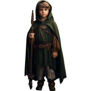 HOMELEX Renaissance Costume for Boys Kids Medieval Cloak With Hood Halloween Ranger Wizard Elven Hooded Cape Robe (Medium, Green-1)