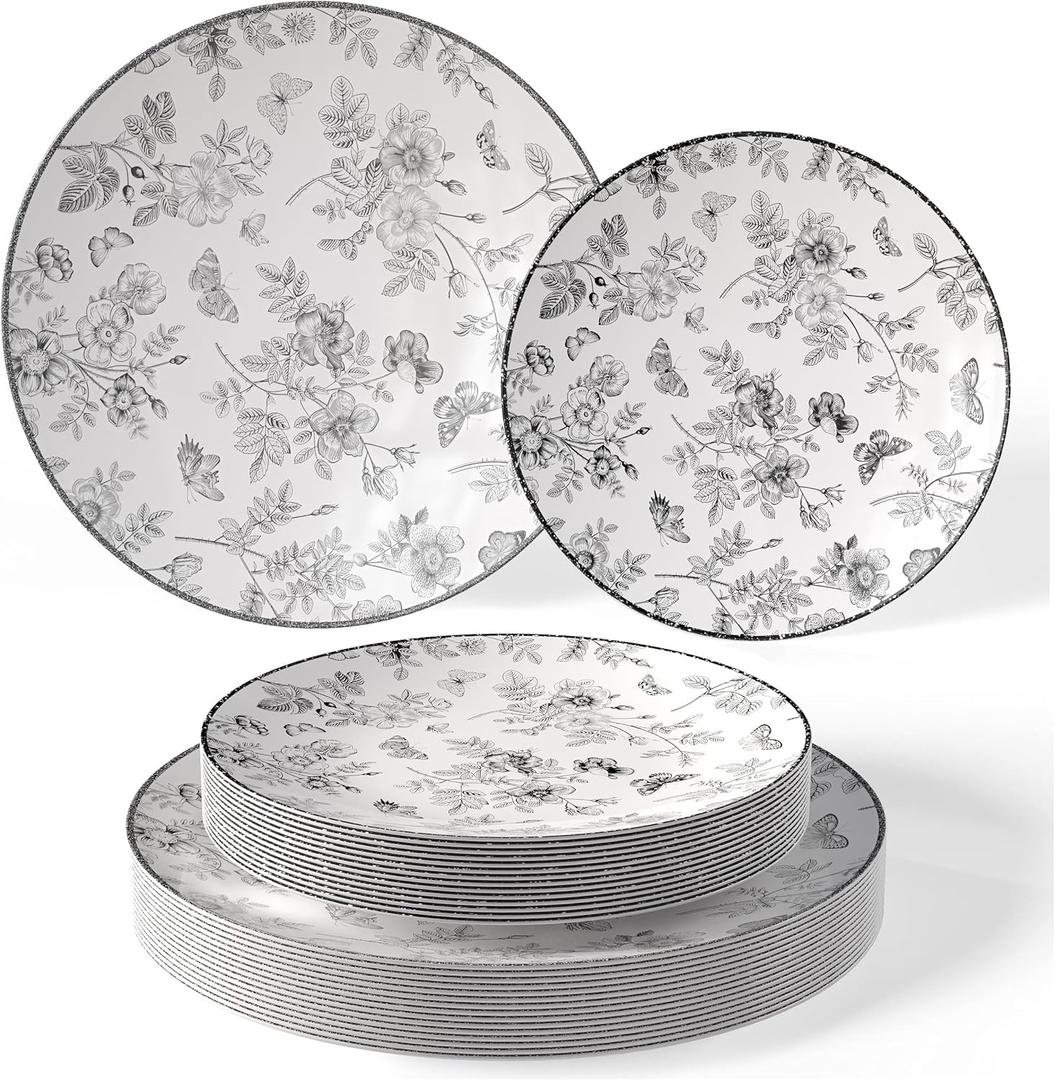 Trendables Disposable Plates For Party Supplies | Black Floral Plastic Plates For Wedding 40 Pcs - 20 X 8 & 20 X 10 Dinner Plate Sets | Floral Plate Set Disposable Plastic Dinnerware Sets
