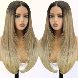 NOSTALGIA Ombre Blonde Wear and Go Glueless Wigs Pre Plucked Pre Cut for Beginners Synthetic Lace Front Wigs With Bangs Blonde Long Layered Straight Wigs (24 Inch)