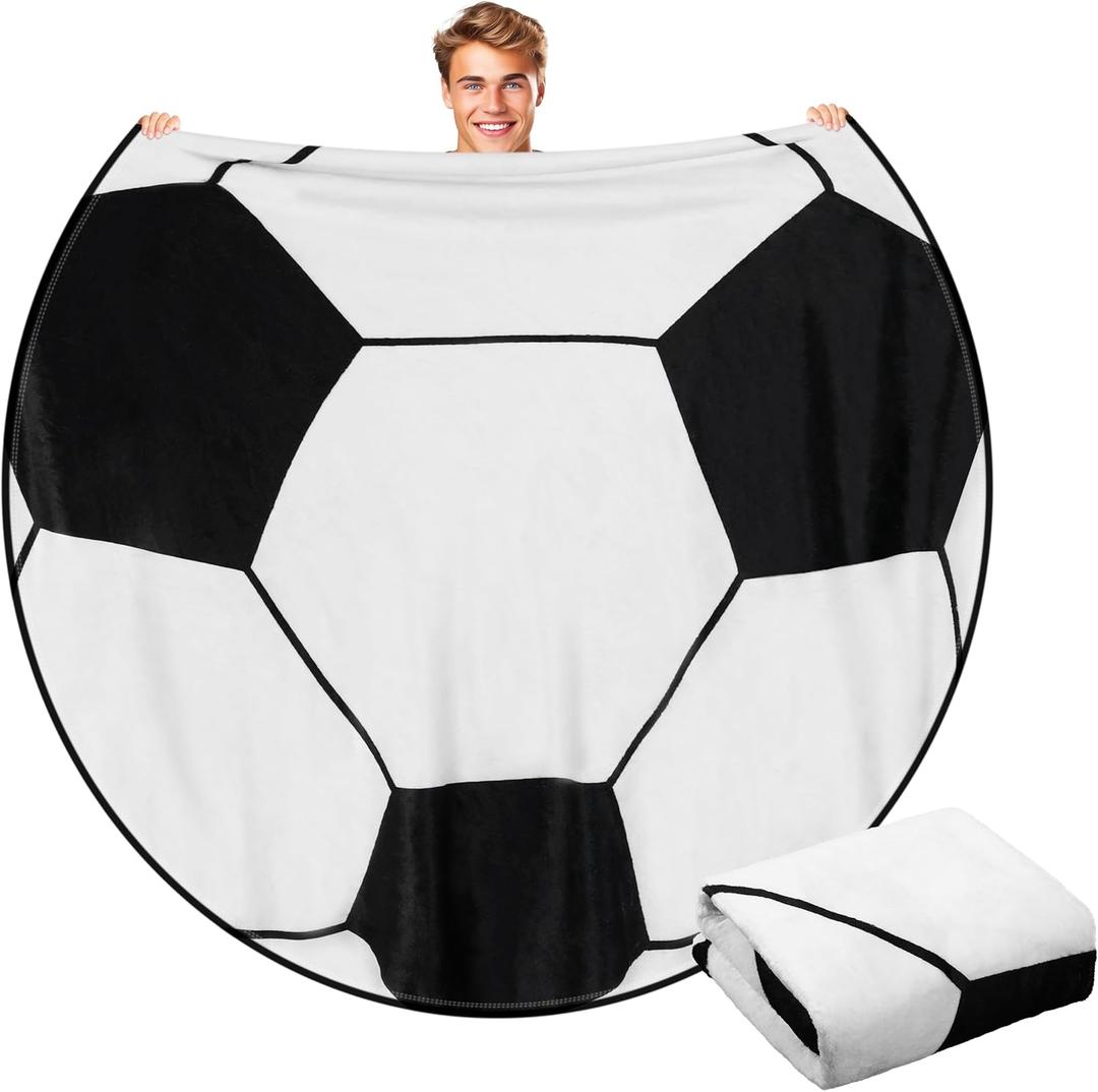 Hahafelt 60" Round Sports Throw Blanket for Teens Adults Soft Flannel Baseball Softball Tennis Soccer Baseketball Volleyball Novelty Blanket for Sports Fan Birthday Senior Night Gift(Soccer)