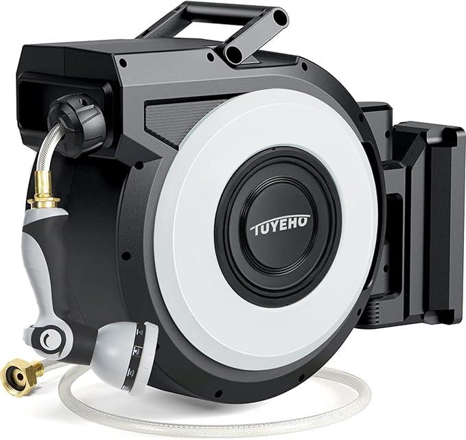 Tuyeho Retractable Garden Hose Reel 100FT, Wall Mount Heavy Duty Water Hose Reels with Automatic Slow Rewind System, Outdoor Hoses Reel with 2 Hose Nozzles for Garden Watering, Car Wash, Pet Shower, 1/2 "100ft