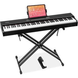 MOSEN Digital Piano 88-Key Weighted Keyboard with Hammer Action, Portable Electric Piano Set with X Stand, Recording Headphone Mode, Sustain Pedal, Music Rest, Dual Keyboard for Beginner, MDP-80D, Full