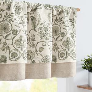 jinchan Linen Valance Kitchen Curtain for Windows Double Layer 18 Inch for Living Room Bedroom Window Treatment Light Filtering Vintage Rustic Farmhouse Cottagecore Rod Pocket 1 Panel Green on Beige
