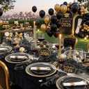 KIRE 175Pcs Black Plates Disposable - Heavy Duty Black and Gold Plastic Plates- 25 for Dinner 25 for Dessert 25 Pre Rolled Gold Silverware and 25 Cups for Graduation/Birthday Party/Wedding