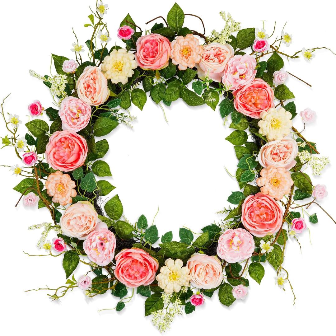 24Inch Valentines Day Wreath Decor, Artificial Rose Pink Flower Wreath with Berry Eucalyptus Green Leaf, Valentines Wreaths for Front Door Wedding Anniversary Party Candlelight Dinner Decorations