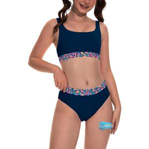 Beautikini Period Swimwear for Teens Two Piece Menstrual Leakproof Swimsuit Bikini Set Mid Waist Print Bathing Suit for Girls (Medium, Naval Academy)