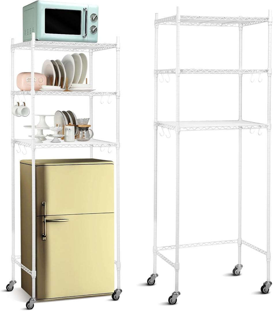 Tioncy 3 Tier Mini Fridge Shelf Microwave Stand Adjustable Fridge Storage Rack with Lockable Wheels and 8 Hook Multilayer Metal Shelving Organizer for Dorm Apartment Kitchen Office Bathroom(White)