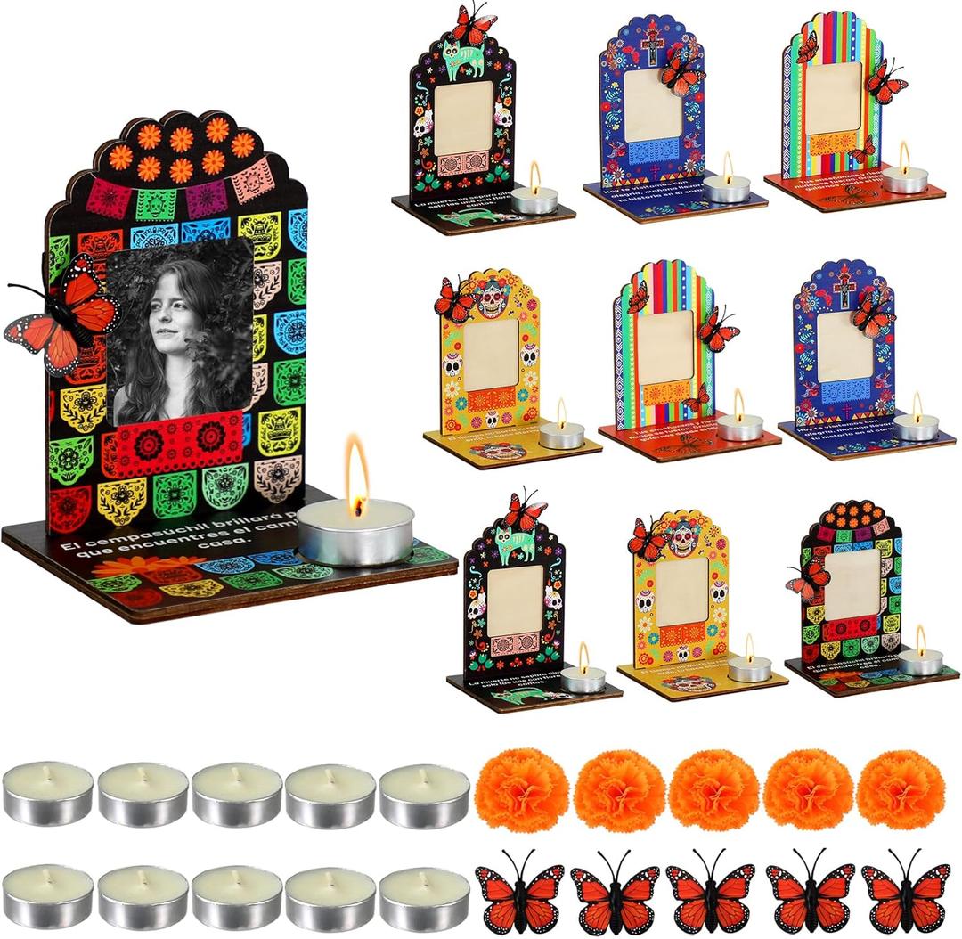 Dia De Los Muertos Decorations Picture Frames, Day of The Dead Altar with Candle, Marigold, Artificial Monarch Butterfly, Dia De Los Muertos Altar Kit Mini Sugar Skull Style Ofrenda Decorations