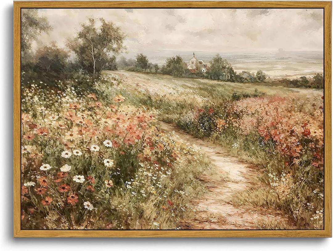 OIQArtOIQ Framed Canvas Wall Art,Vintage Decor,Landscape Nature Country Wildflower Paintings Farmhouse Pictures Modern Artwork Rustic Fall Flower Prints Cottagecore Office Living Room Bedroom Bathroom (24L" x 16W")