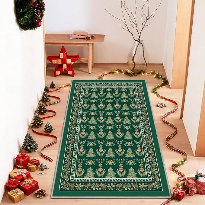 Artoid Mode Green Xmas Tree Mistletoe Christmas Area Rug, Winter Home Decor Low-Profile Non-Slip Washable Large Rug for Living Room Bedroom Farmhouse Dining Room Kids Playroom 3x5 Feet