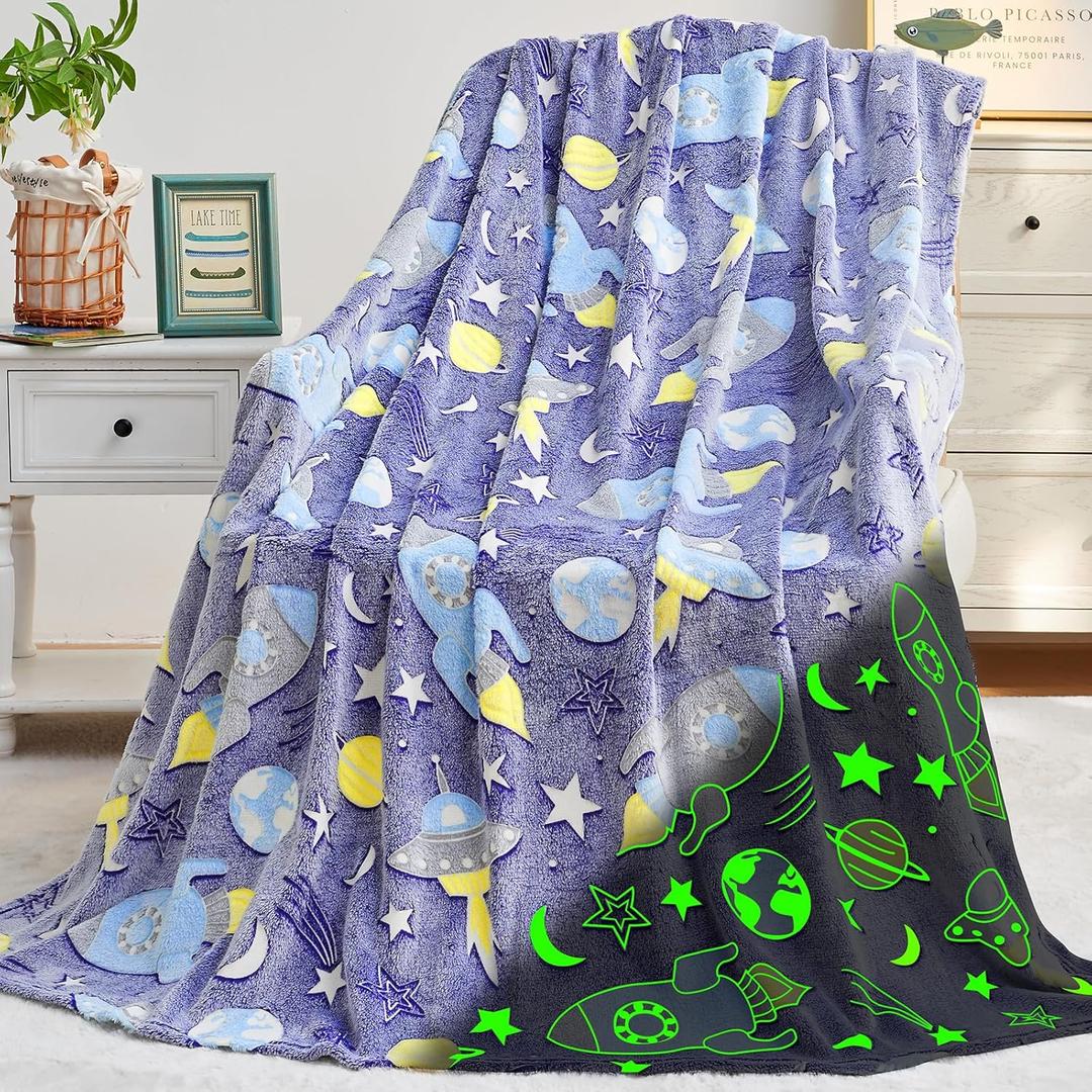 inhand 2 3 4 5 6 7 8 9 10 11 12 13 Year Old Boy Birthday Gifts, Glow in The Dark Space Planet Galaxy Soft Blanket for Boys Cute Kids Throw Blanket Funny Stars Blanket Boys Room Decor (50"x60"Space)