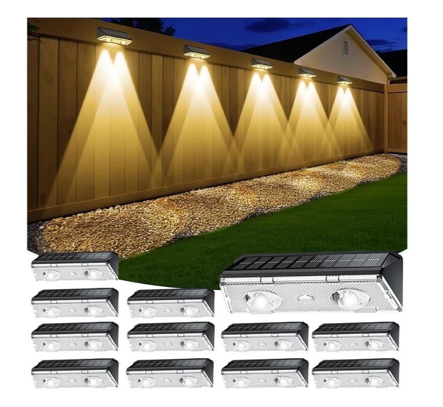 Solar Fence Lights Outdoor, 12 Pack IP65 Waterproof Fence Lights Solar Powered with Ultra-Bright LED Lens, 9 Color Modes, 12+ Hours Steady Glow for Deck/Backyard/Patio/Pool/Wall - Black