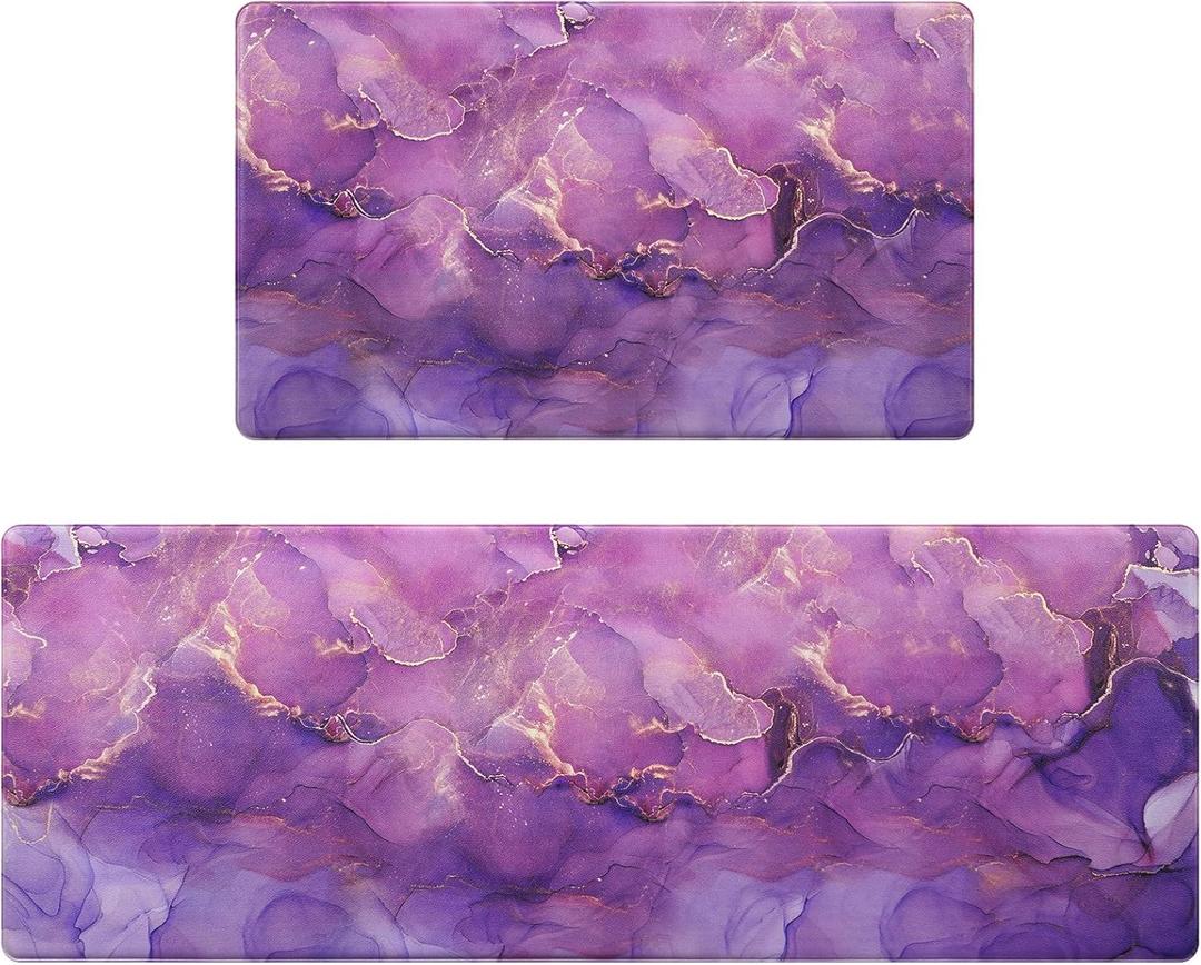 Likiyol Marble Kitchen Rugs Set of 2 Anti Fatigue Mats, Purple Ombre Non Slip Washable Comfort Mats, 18'' x 30'' + 18'' x 48''