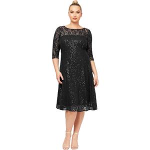 S.L. Fashions Womens Plus Size Lace and Sequin Fit and Flare Dress, Size 16W