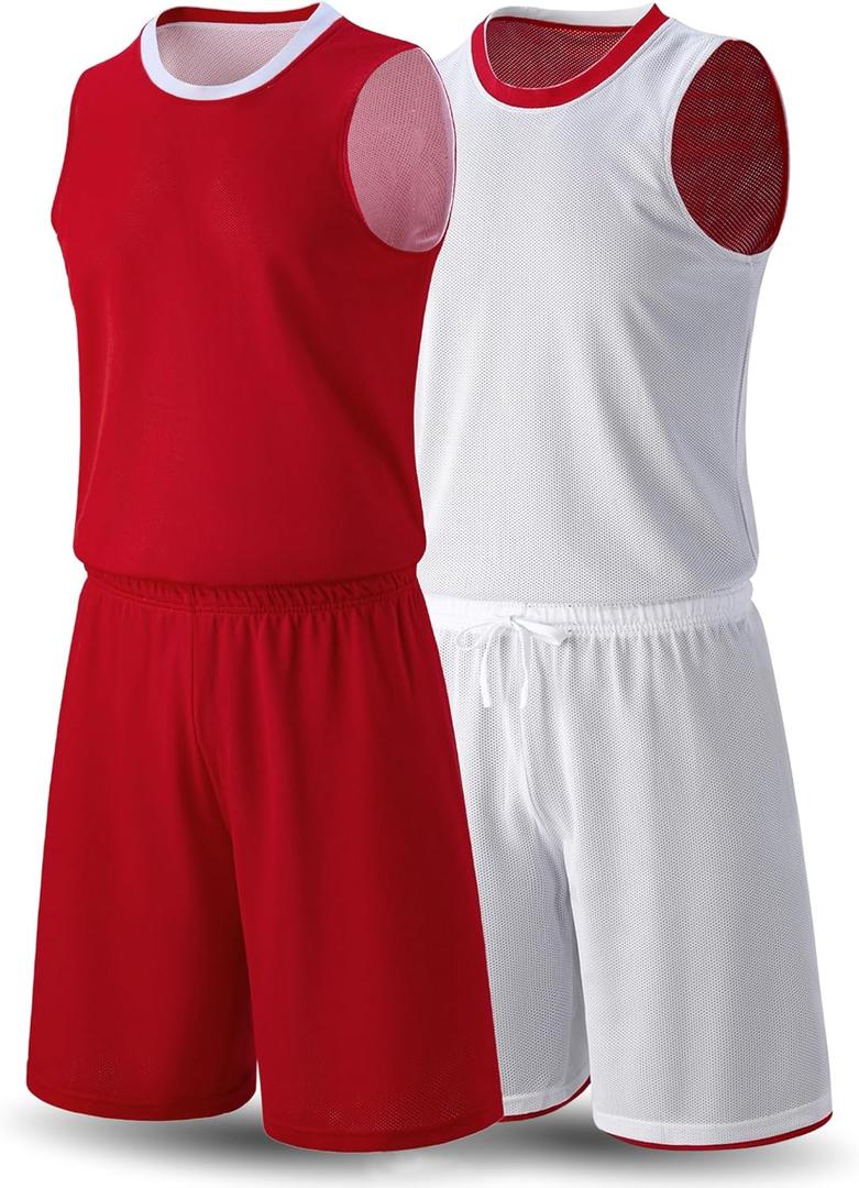 1 Set of Men's Reversible Basketball Jersey and Shorts, Double-Sided Custom Athletic Uniforms for Team Sports Practice (X-Large, Red/White)