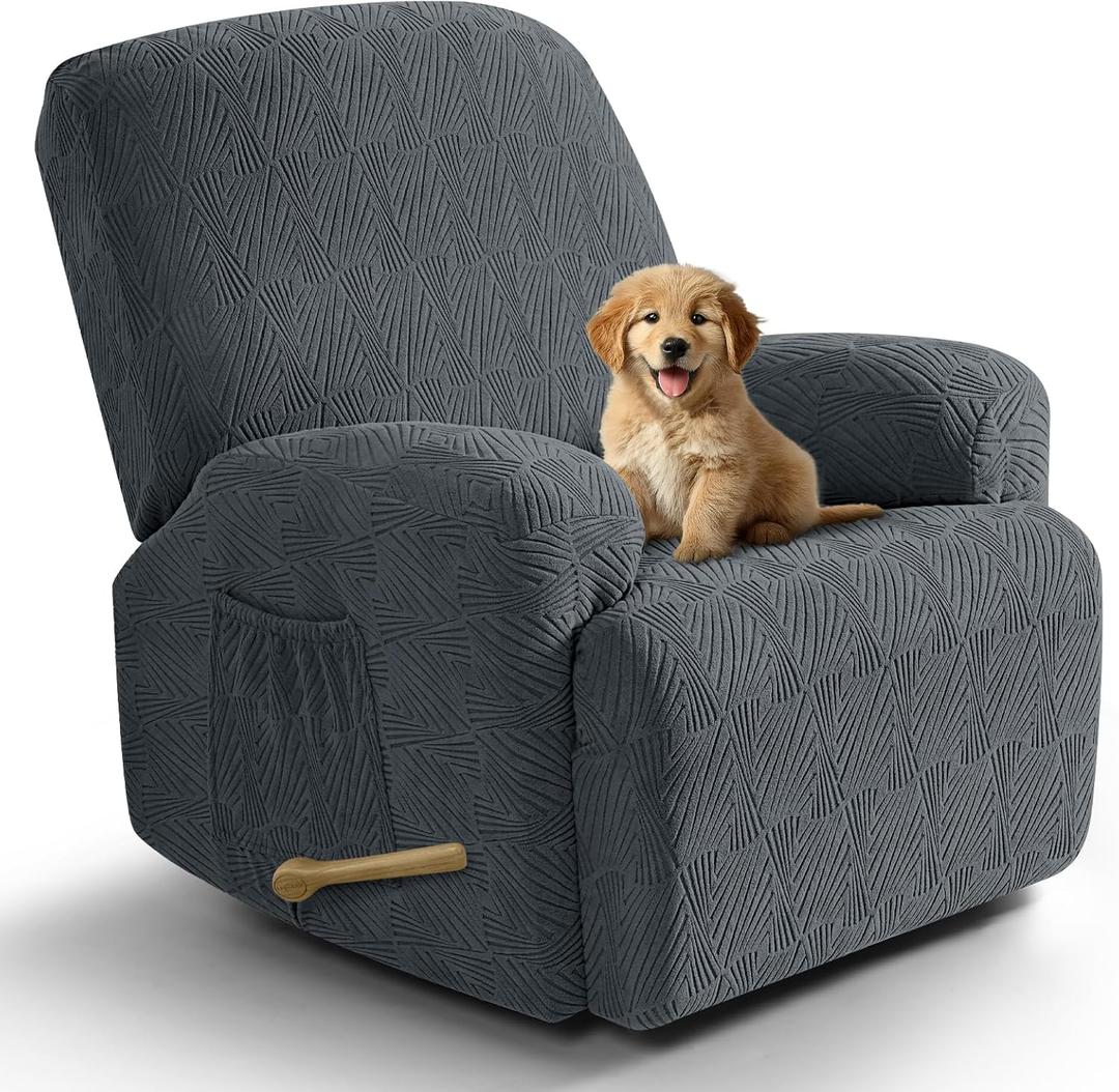 VANSOFY Recliner Chair Covers, 4-Pieces Stretch Recliner Cover Jacquard Soft Reclining Chair Slipcover Furniture Protector with Elastic Bottom for Lazy Boy Recliner(Dark Gray) (1 Seat)
