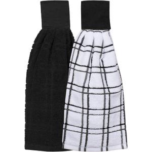 Ritz Premium 100% Cotton Solid and Multi Check Kitchen Tie Towel, Absorbent, Super Soft, and Fast Drying Hang Towel, Set of Two, Black