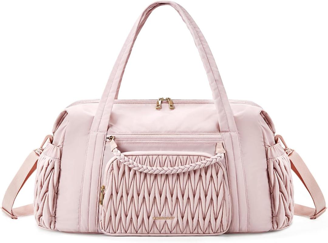 BAGSMART Quilted Duffle Bag for Women, Weekender Overnight Gym Travel Carry-On Bag, Pink