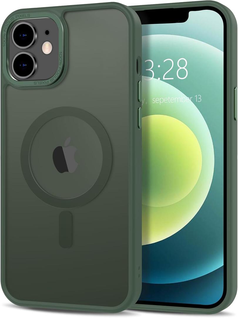 Anuck Case for iPhone 12 Case Magnetic Phone Case Compatible with MagSafe, Soft TPU Bumper Hard Translucent Matte Back Slim Fit Shockproof Protective Cover for Men Women Girls - Dark Green