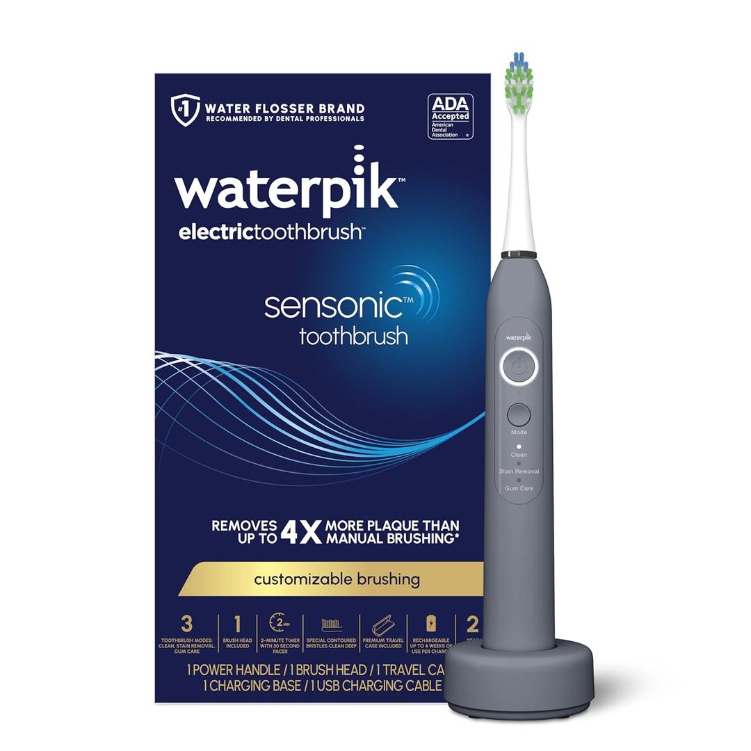 Waterpik Sensonic Sonic Electric Toothbrush, Rechargeable Toothbrush for Adults with 3 Modes, Travel Case, USB Charger, Modern Gray STW-03W027
