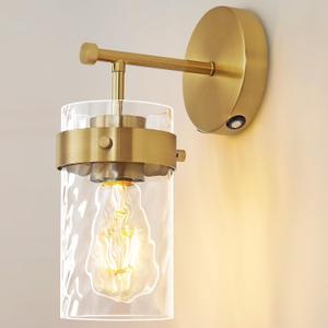 Battery Operated Wall Sconce Gold Rechargeable Wall Light with Dimmable Bulbs and Remote Wall Lamps with Hammered Glass Lampshade for Bedroom Living Room Hallway(1 Pack)