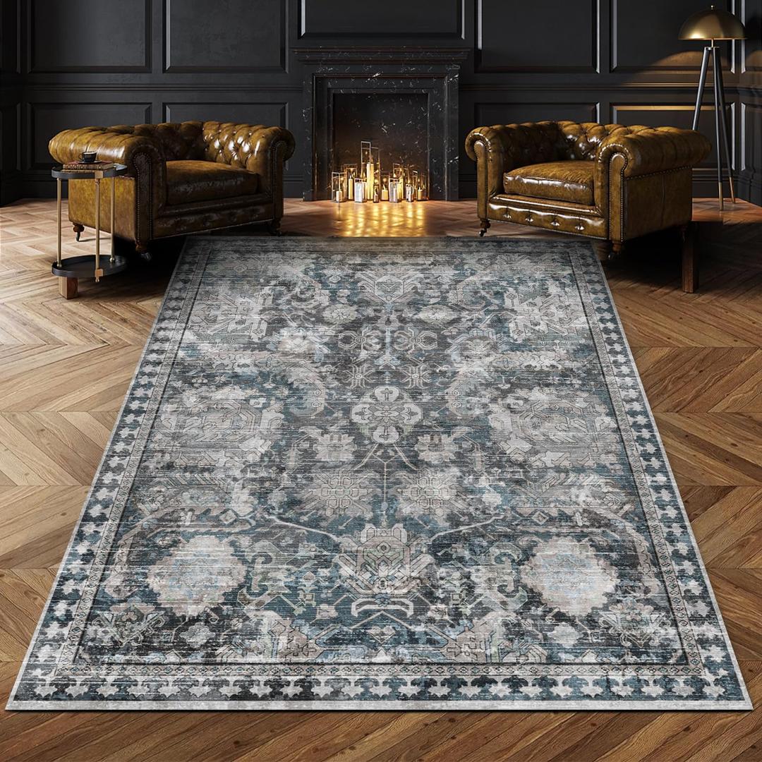 RUGSURE Washable Area Rugs - Perfect for Living Room, Bedroom, Kids Room, Nursery - Stain & Water Resistant Non-Slip, Pet & Child Friendly, Vintage Tribal Area Rugs (Grey and Bule, 9' x 12')