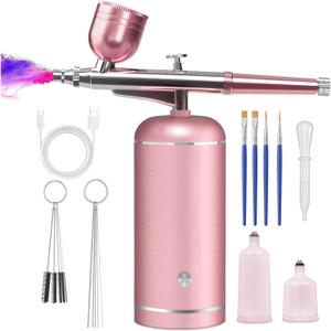 Airbrush Kit with Compressor - 48PSI High-Pressure, Non-Clogging Air Brush Set Cordless Rechargeable with 0.3mm Nozzle and Cleaning Brush for Nail Art, Makeup, Painting, and Cake Decorating (Pink)