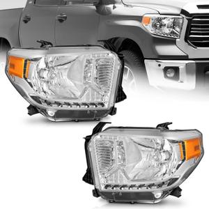 Headlights for 2014-2021 Toyota Tundra, Not For Models W/Adjustable Headlight Leveling Dial/Buttons *Not Compatible* W/Factory LED DRL Models, Headlamp Replacement Chrome Housing (OE Style Replacement, Clear Lens I Chrome Housing I Amber Reflector) (Pack Of 2)