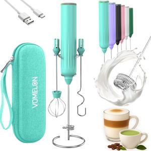 Milk Frother Handheld with 3 Stainless Steel Whisks, Rechargeable Electric Drink Mixer with Stand & Travel Case, Milk Foamer for Coffee, Latte, Cappuccino, Hot Chocolate, Egg,Jam Supplement-Mint